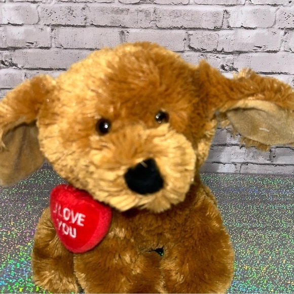 Christa Playful Plush I LOVE YOU Tan DOG Plush Stuffed Animal Red Heart Shaggy - Picture 6 of 11